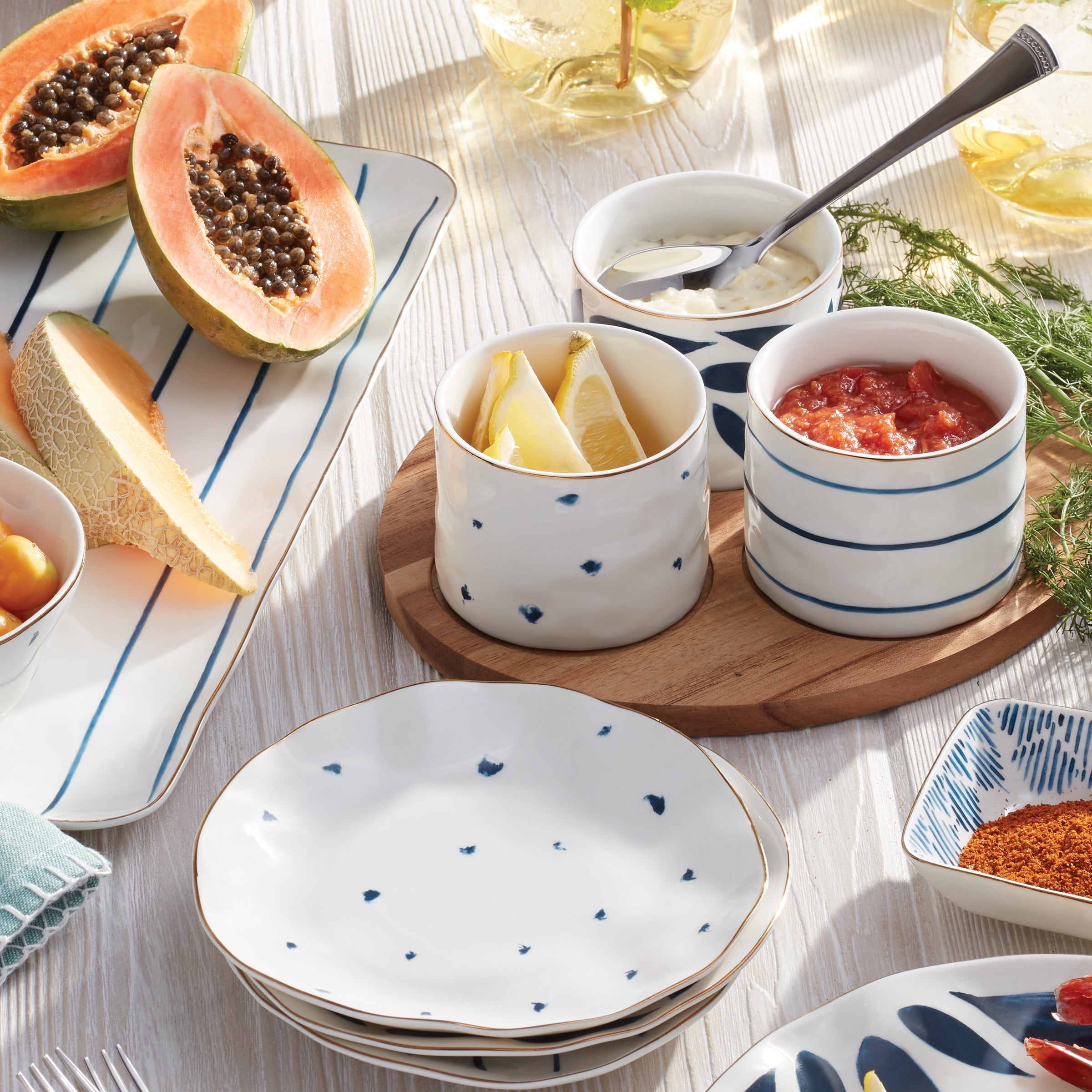 Lenox Heritage Lenox Heritage Blue Bay Snack Bowls with Wood Tray, Set of 3 - Image 2