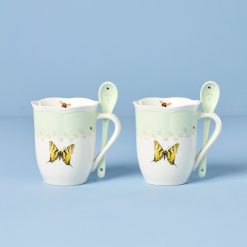 Lenox Heritage Lenox Heritage Butterfly Meadow Green Mugs with Spoons, Set of 2