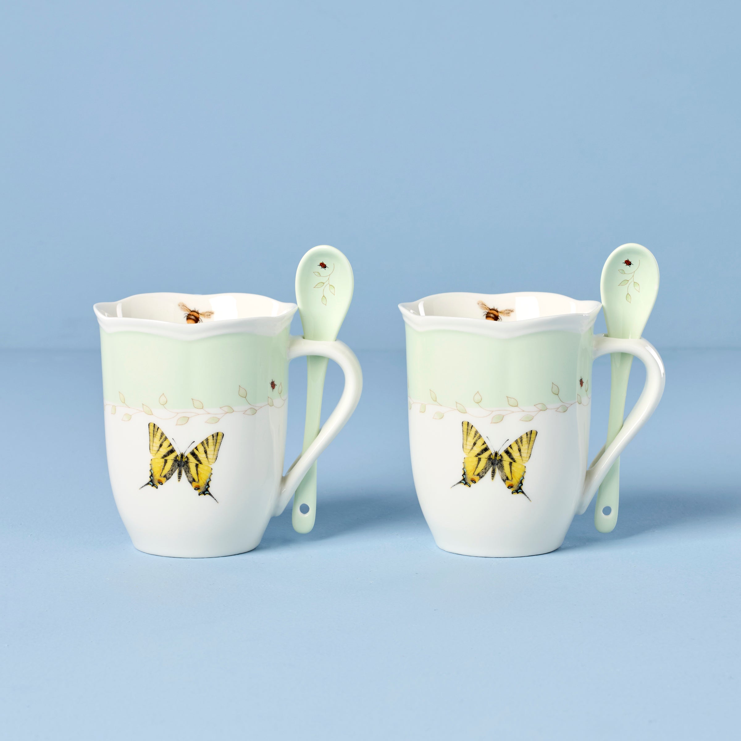 Lenox Heritage Lenox Heritage Butterfly Meadow Green Mugs with Spoons, Set of 2
