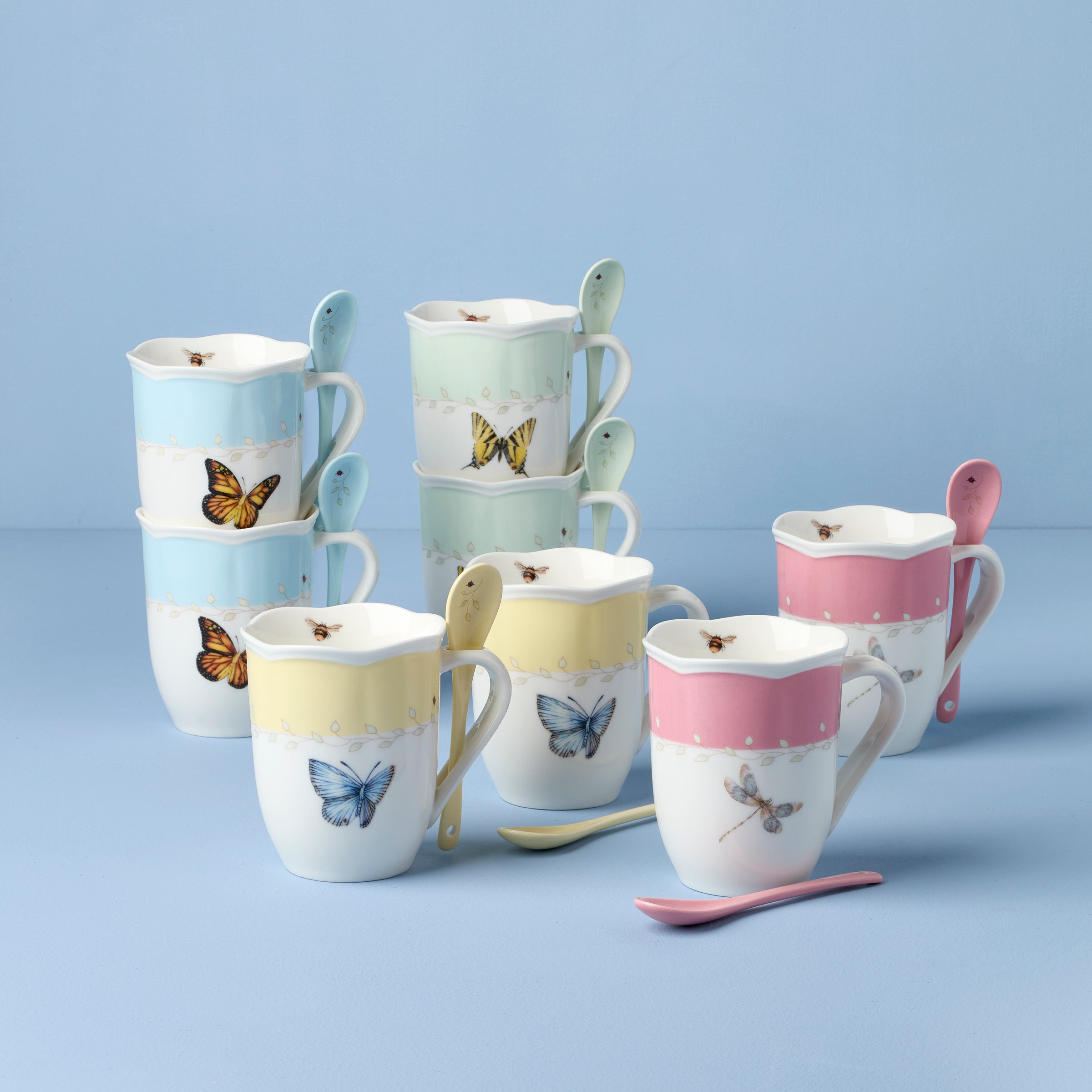 Lenox Heritage Lenox Heritage Butterfly Meadow Color Mugs with Spoons, Set of 8