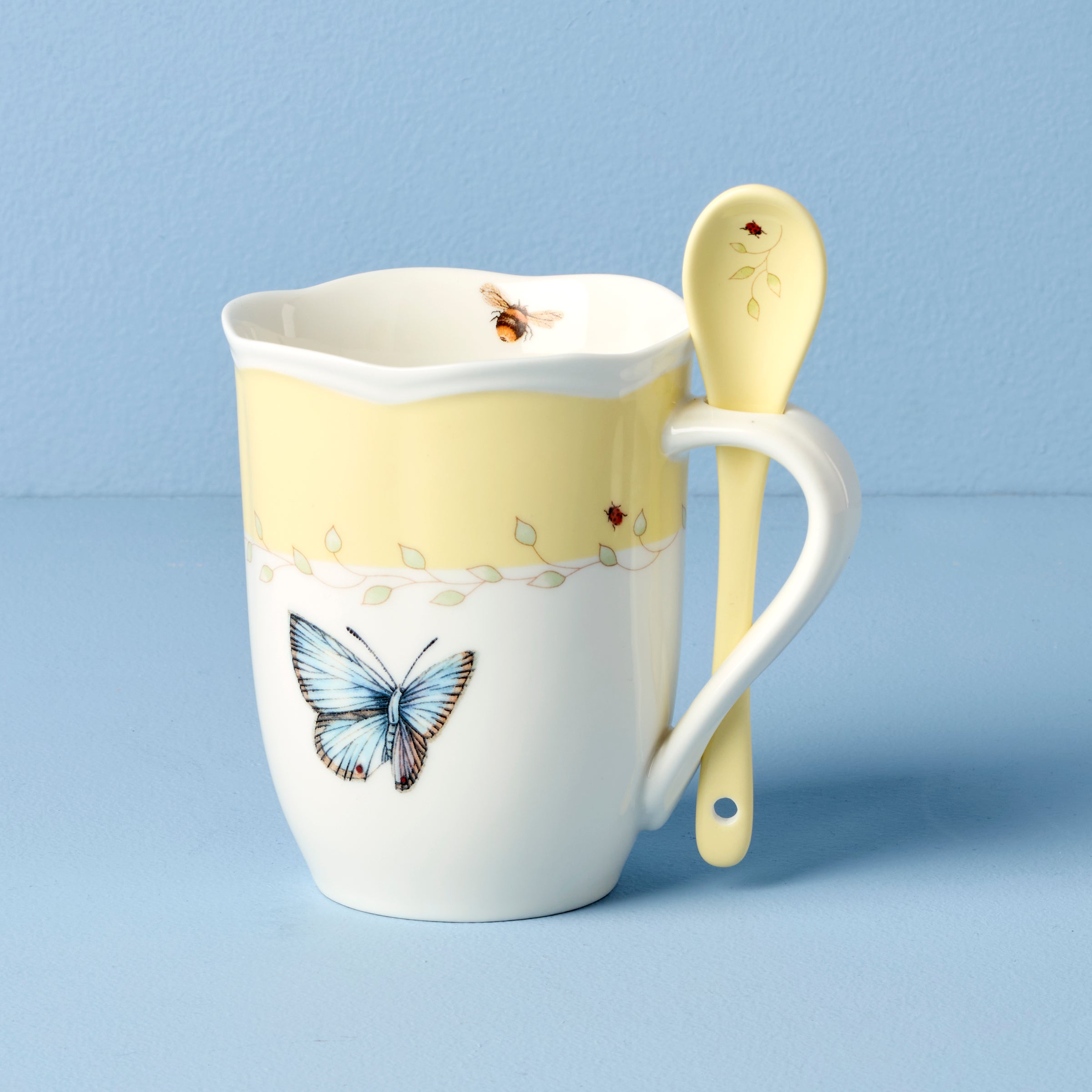 Lenox Heritage Lenox Heritage Butterfly Meadow Yellow Mugs with Spoons, Set of 2 - Image 3