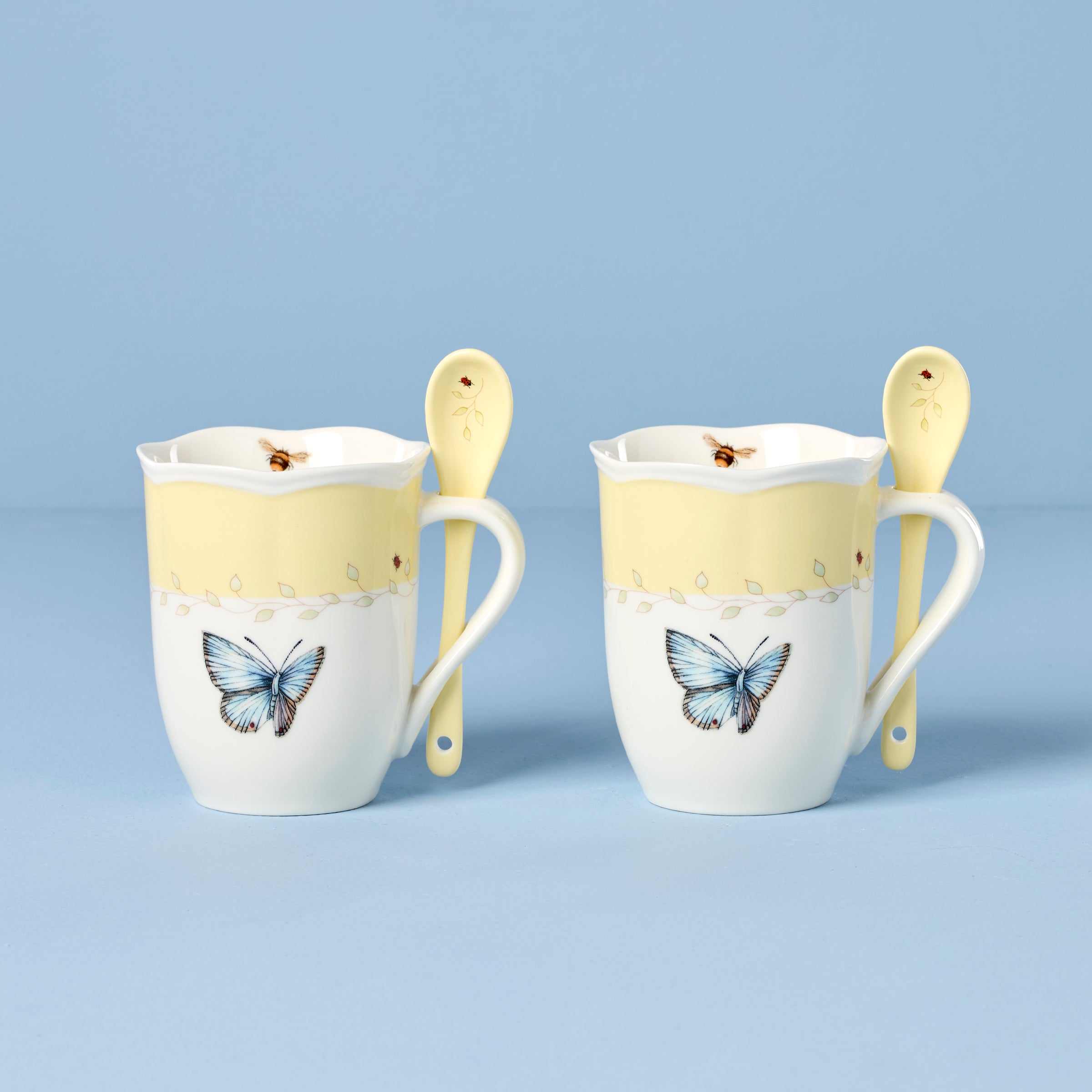 Lenox Heritage Lenox Heritage Butterfly Meadow Yellow Mugs with Spoons, Set of 2